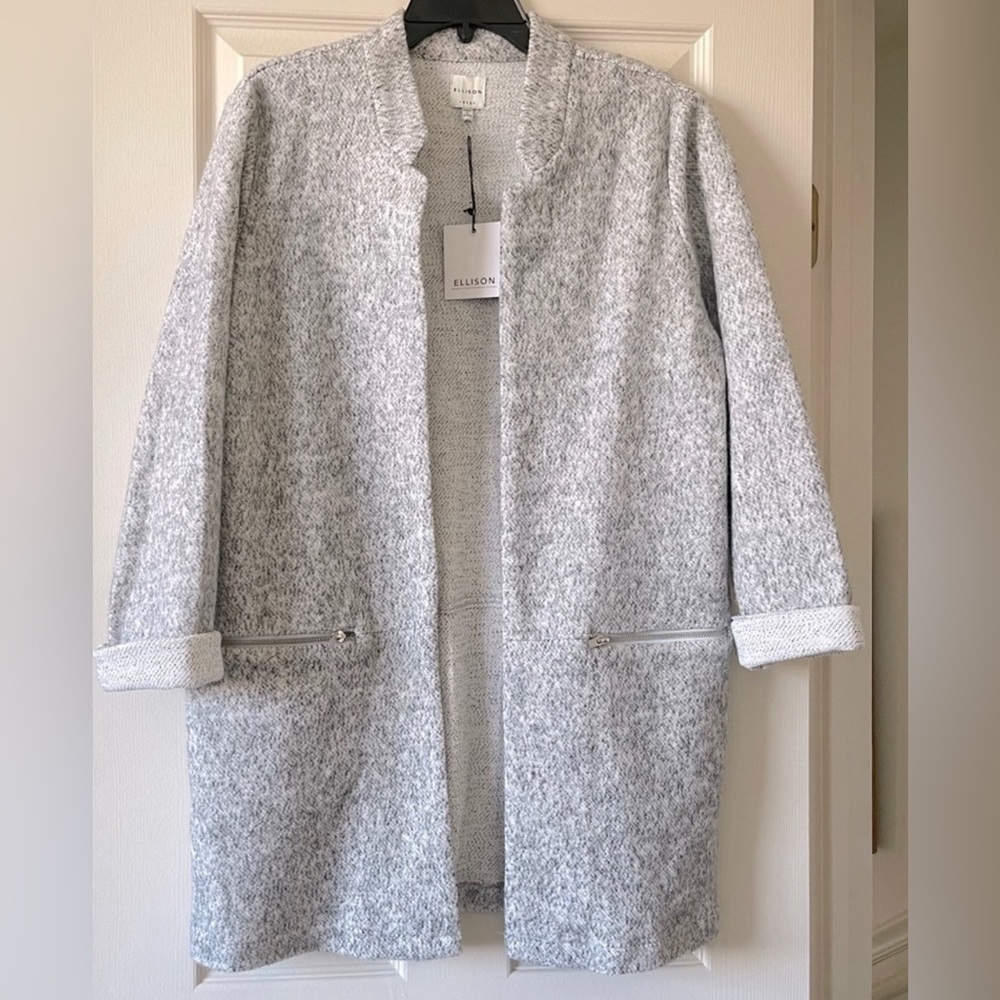 Ellison Gray Wool Blend Zip Pocket Longline Cardigan Jacket NWT Large